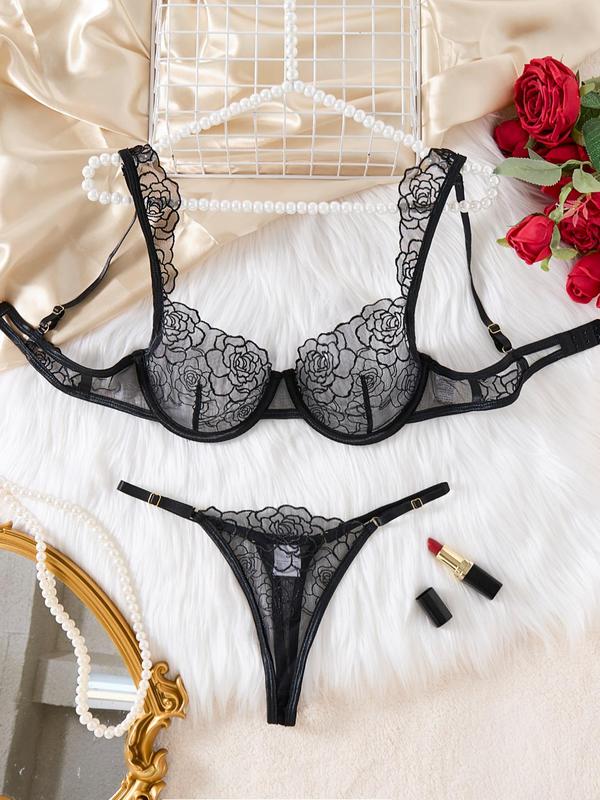 Women's Contrast Mesh Floral Lace Lingerie Set, Sexy Underwire Bralette & Thong, Women's Sexy Lingerie & Underwear Set for Summer