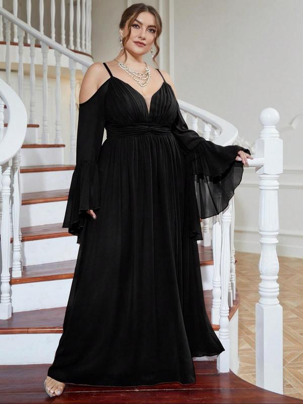 Womenswear Cold Shoulder Split Thigh Comfort Evening Dress, Elegant Formal Wear, Basic Plus Size Flounce Sleeve Long Dress for Party & Banquet, Homecoming Dresses, Minimalist Plus Clothing for All Seasons, Girl Clothes