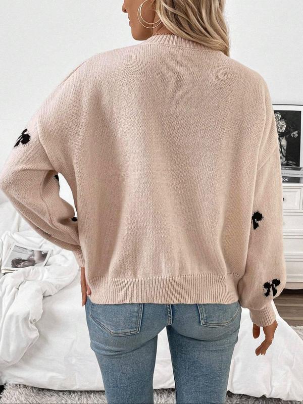 Women's Bow Print Drop Shoulder Sweater, Casual Long Sleeve Round Neck Jumper for Fall & Winter, Fashion Ladies' Knitwear for Daily Wear