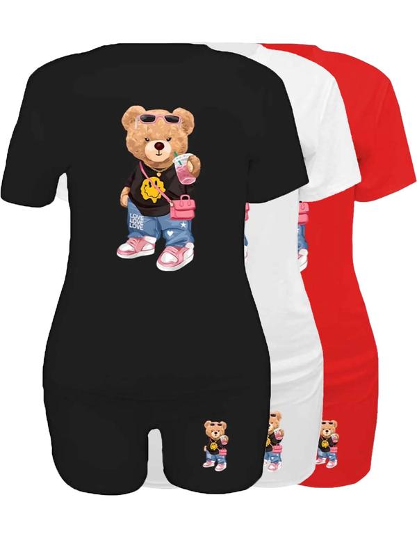 Women's 6 Counts Cartoon Bear Print Round Neck T-shirt & Skinny Shorts Set, Casual Short Sleeve Crew Neck Tee & Shorts for Daily Wear, Ladies Clothes for Fall, 2 Piece Sets Women