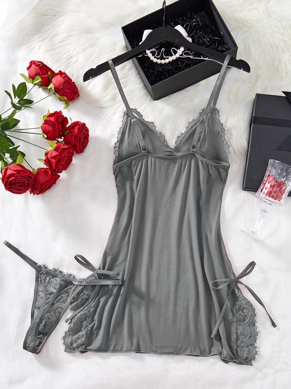 Women's Bow Decor Contrast Lace Cami Nightdress Sleep Dress & Thong Set, Adjustable Spaghetti Strap Nightgown and Panty Set for All Seasons, Fashion Ladies Sleepwear & Homewear, Summer Girly Night Clothes, Vacation Wear