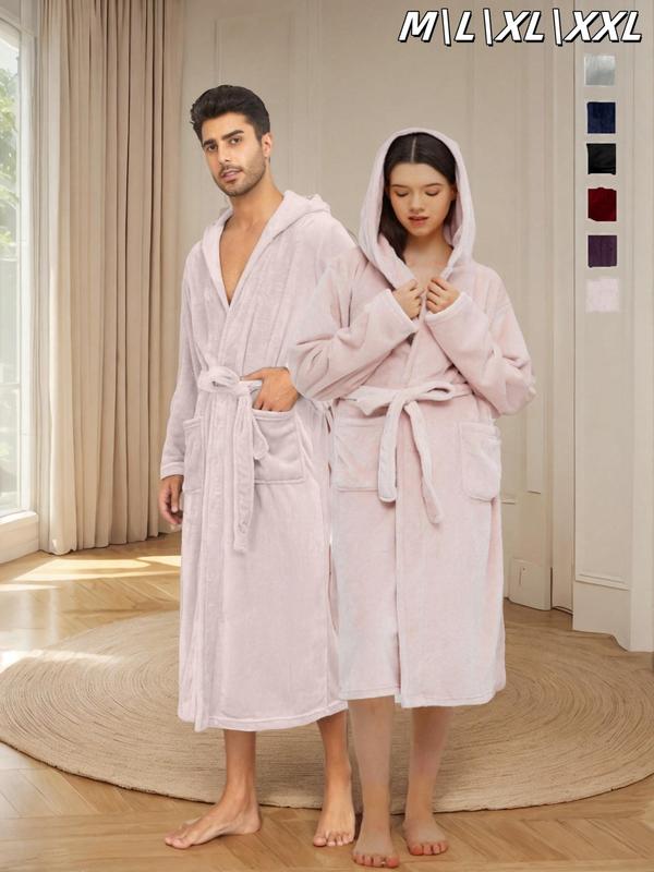 Couple's Solid Belted Hooded Flannel Robe, Casual Long Sleeve Pocket Design Bathrobe, Warm Comfy Couple Sleepwear for Fall & Winter