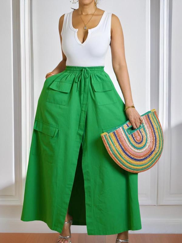 Women's Plain Drawstring High Waist Skirt, Casual Pocket Wrap Long Skirts for Summer, Maxi Skirt, Skirts for Women, Skirts for Summer, Ladies Bottoms for Beach Holiday Vacation