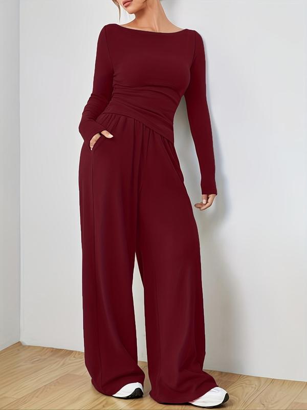  Two-piece Set Solid Ruched Boat Neck Tee & Elastic Waist Wide Leg Pants Set, Two Piece Set Women, Casual Long Sleeve Top & Pocket Trousers, Women's Fall & Winter Clothes