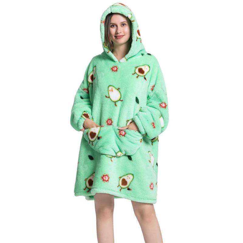 Cartoon Pattern Hooded Flannel Hoodie Blanket, 1 Count 320GSM Air-conditioned Room Long Sleeve Wearable Blanket with Pocket, Soft Warm Blanket for Home Office Bed Camping Travel