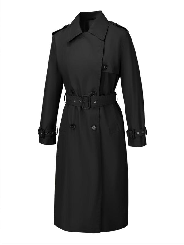 Women's Solid Double Button Belted Trench Coat, Casual Lapel Collar Long Sleeve Midi Coat for Fall & Winter, Women's Clothing for Daily Wear