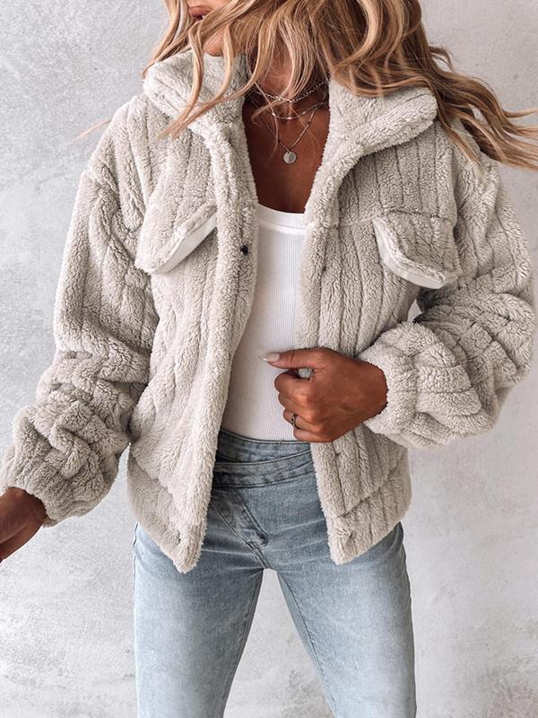 Women's Solid Button Front Flap Design Drop Shoulder Plush Coat, Casual Long Sleeve Collared Fuzzy Outerwear for Winter, Ladies Clothes for Daily Wear