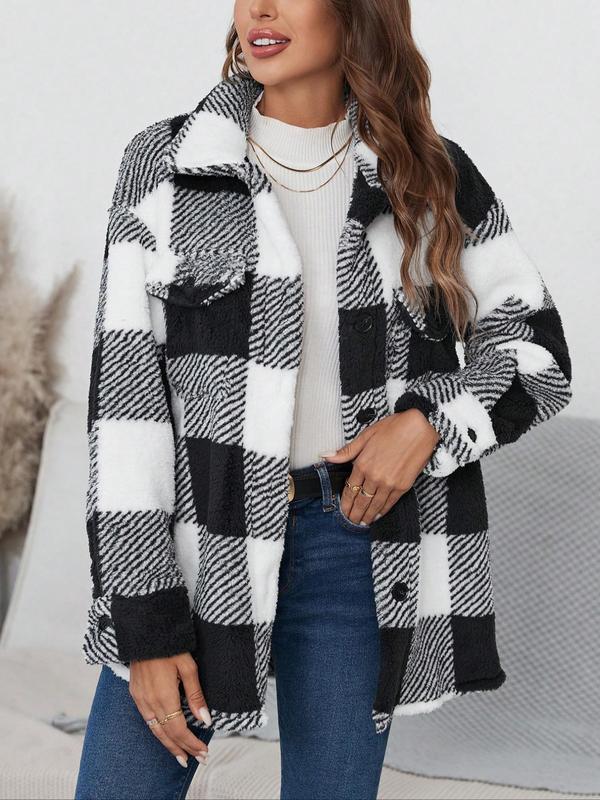 Women's Plaid Print Button Front Drop Shoulder Plush Coat, Casual Jackets, Long Sleeve Collared Outerwear for Fall & Winter, Ladies Clothes for Daily Wear