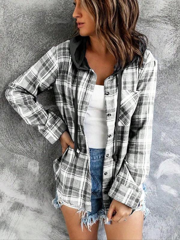 Women's Plaid Print Button Front Hooded Shirt, Casual Long Sleeve Pocket Top for Spring & Fall, Women's Clothes for Daily Wear