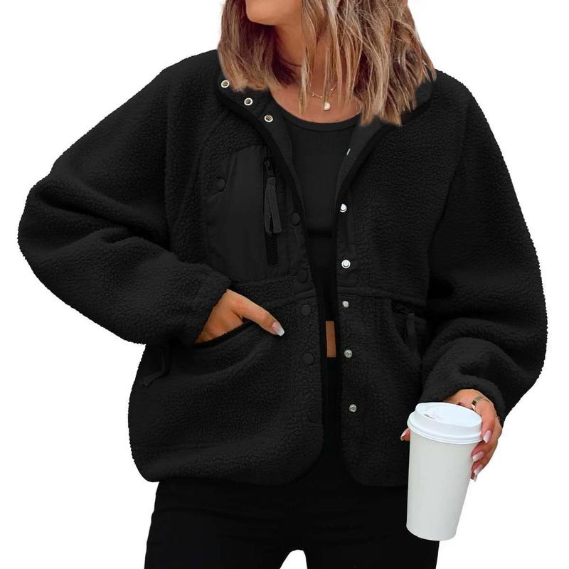 Womens Fleece Jacket Fuzzy Long Sleeve Short Coats Button Down Sherpa Outerwear with Pockets