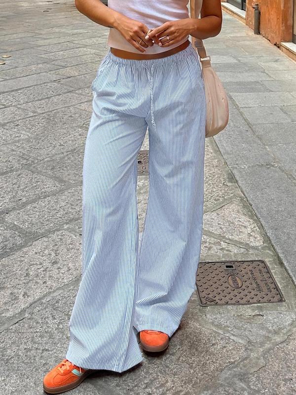 Women's Striped Print Drawstring Waist Wide Leg Pants, Casual Comfy Trousers for Summer, Fashion Women's Bottoms for Daily Wear