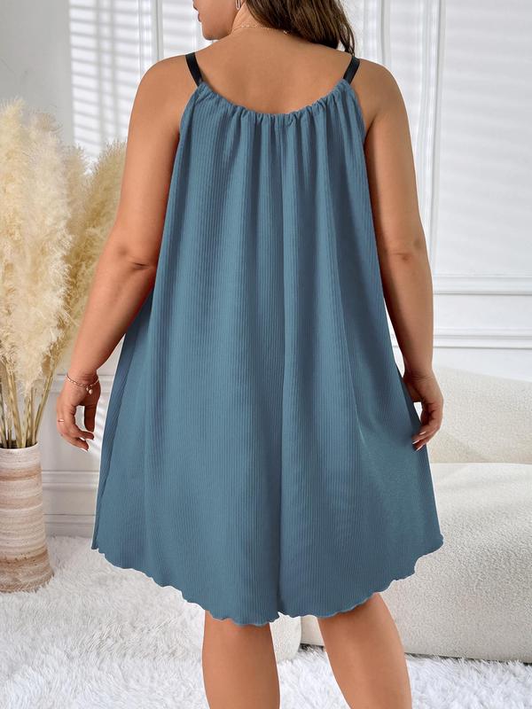 Plus Size Lettuce Trim Ruched Pocket Cami Nightdress, Casual Soft Comfortable Spaghetti Strap Nightgown For Women, Women's Sleepwear For All Seasons