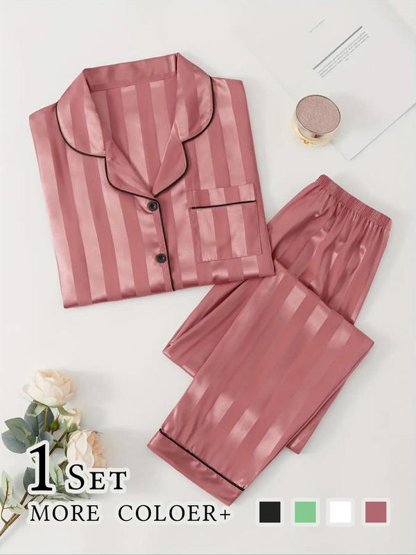 @Shopwithjulie Collection 2 Counts Women's Striped Print Satin Pajamas Set, Soft Long Sleeve Button Front Lapel Shirt & Pants Pjs, Comfy Pj Set, Nightwear & Loungewear, Summer Wear 2024, Lounge Sets, Pajama Sets Women, Please Purchase A Size Up