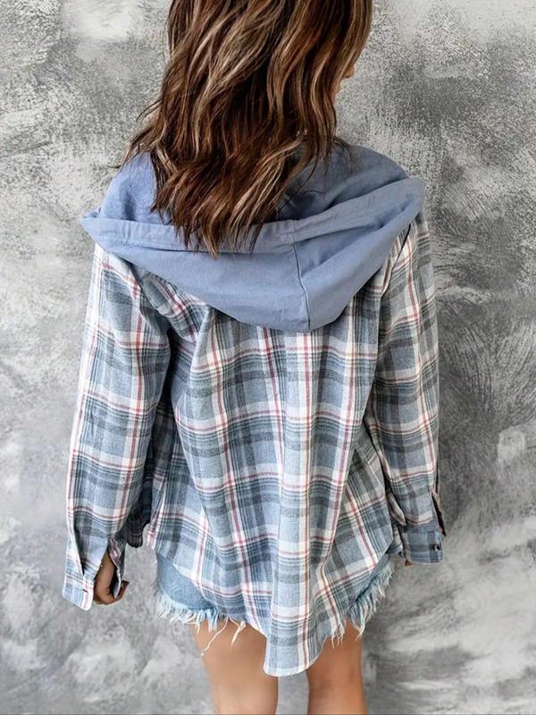 Women's Plaid Print Button Front Hooded Shirt, Casual Long Sleeve Pocket Top for Spring & Fall, Women's Clothes for Daily Wear