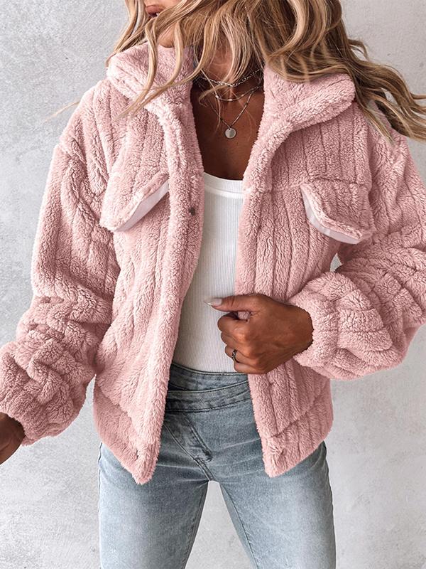 Women's Solid Button Front Flap Design Drop Shoulder Plush Coat, Casual Long Sleeve Collared Fuzzy Outerwear for Winter, Ladies Clothes for Daily Wear