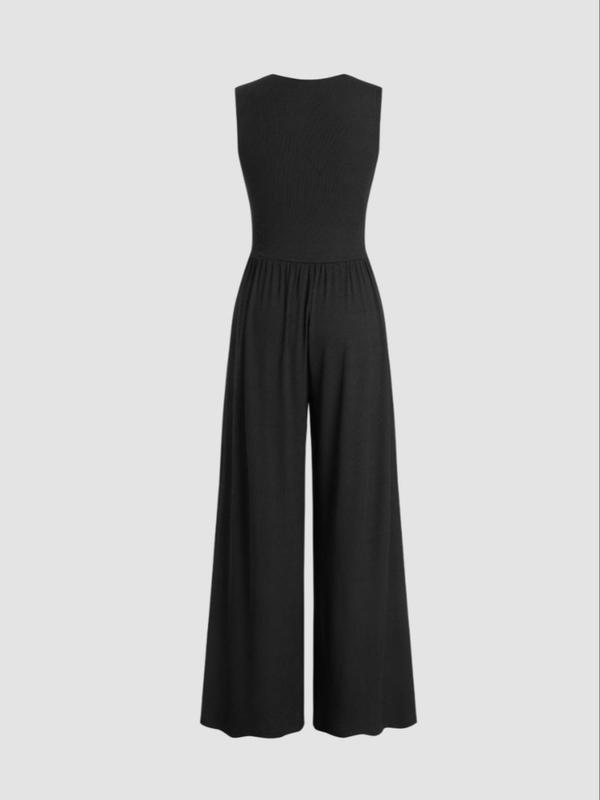 Women's Plain Deep V Neck Ruched Wide Leg Jumpsuit, Casual Sleeveless Jumpsuit for Summer, Women's Clothing for Daily Wear