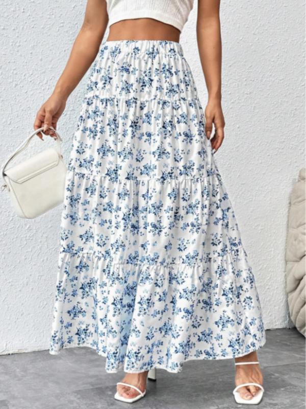 Women's Ditsy Floral Print Ruffle Hem A Line Skirt, Boho Fashion High Waist Long Skirt for Daily Holiday Vacation Wear, Ladies Bottoms for All Seasons