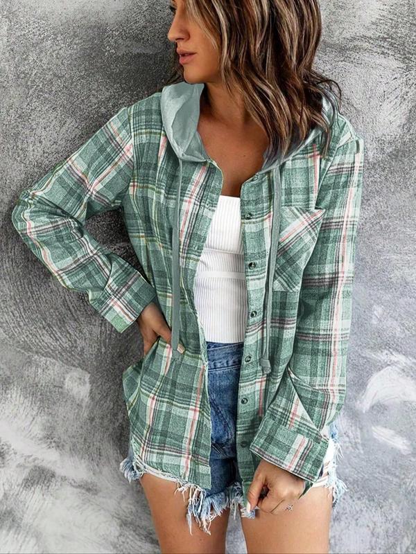 Women's Plaid Print Button Front Hooded Shirt, Casual Long Sleeve Pocket Top for Spring & Fall, Women's Clothes for Daily Wear