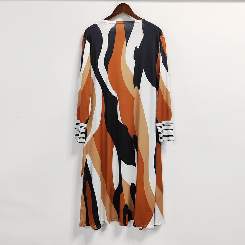 Plus Size Stripes Print Open Front Coats, Casual Long Sleeve Long Length Coats For Spring & Fall, Women's Plus Size Clothing