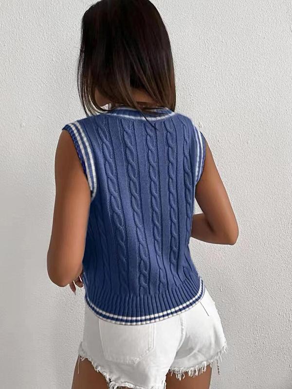 Women's Contrast Binding Sweater Vest, Casual V Neck Knit Top For Spring & Fall, Sweaters for Women, Minimalist Knitting Tank Tops, Women's Clothes For Daily Wear, Women's Knitwear, Muslim Gift