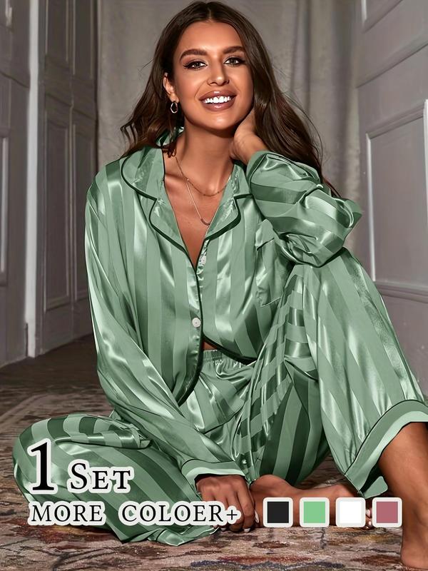 @Shopwithjulie Collection 2 Counts Women's Striped Print Satin Pajamas Set, Soft Long Sleeve Button Front Lapel Shirt & Pants Pjs, Comfy Pj Set, Nightwear & Loungewear, Summer Wear 2024, Lounge Sets, Pajama Sets Women, Please Purchase A Size Up