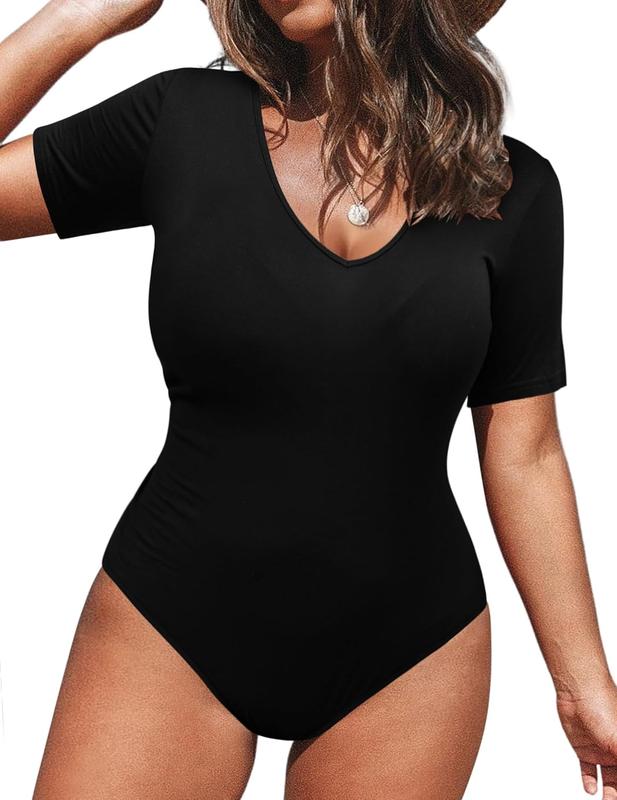 Holiday haul  IN'VOLAND Women's Bodysuit Plus Size Short Sleeve Scoop Neck Bodysuit Basic Top T Shirt Leotards Jumpsuits Fabric Womenswear shorts bodysuit dance clothing