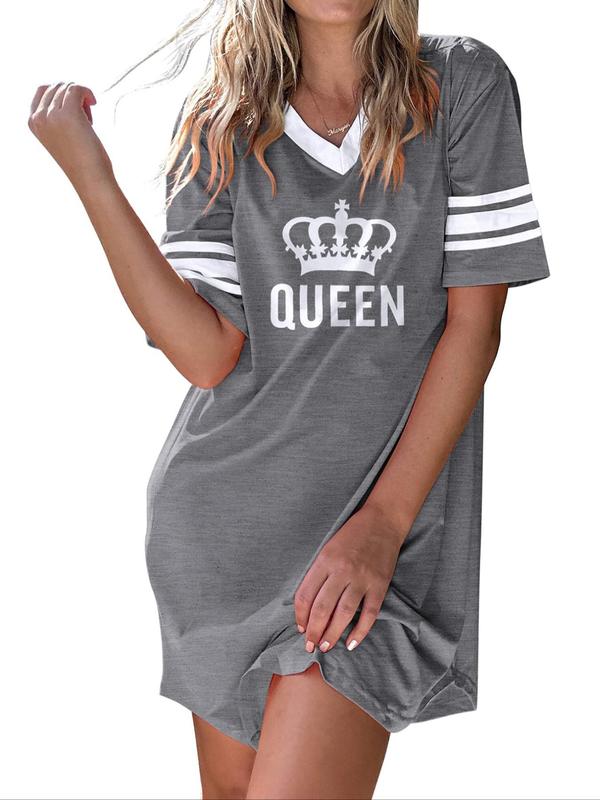 Women's Letter  & Crown Print Contrast Binding Loungewear Tee, Casual Drop Shoulder V Neck Half Sleeve Sleep Top for All Seasons, Ladies Sleepwear for Daily Wear