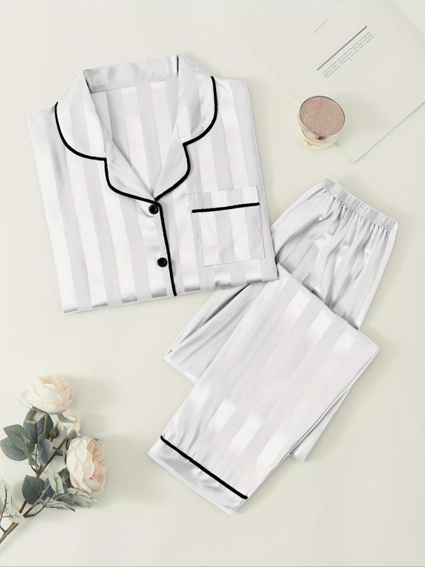 @Shopwithjulie Collection 2 Counts Women's Striped Print Satin Pajamas Set, Soft Long Sleeve Button Front Lapel Shirt & Pants Pjs, Comfy Pj Set, Nightwear & Loungewear, Summer Wear 2024, Lounge Sets, Pajama Sets Women, Please Purchase A Size Up