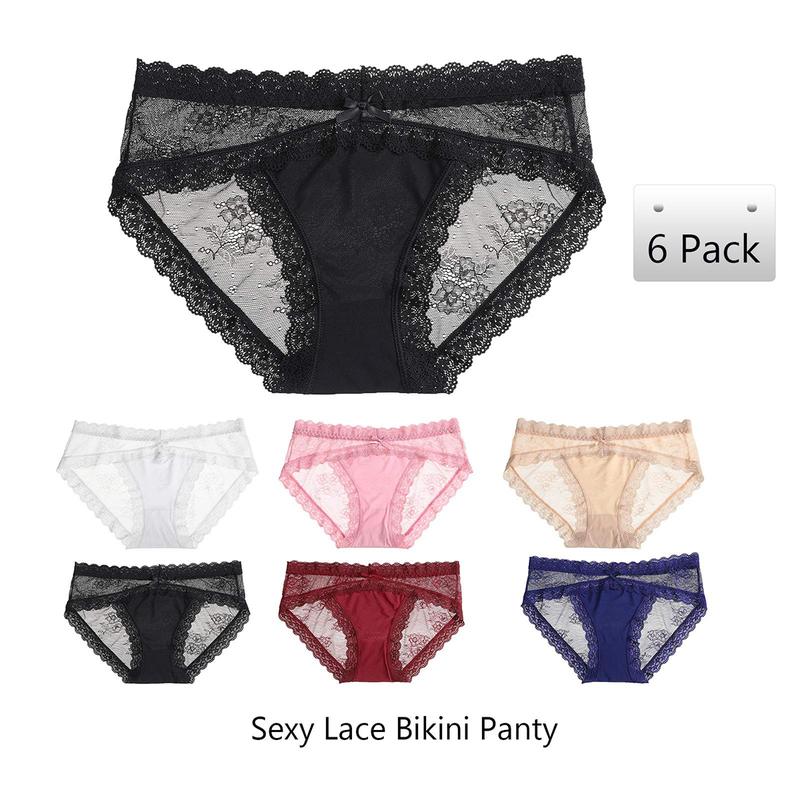 LEVAO 6-Piece Suit Women Sexy Lace Underwear Breathable Hipster Panties Brief Stretch Seamless Bikini Briefs S-XXL