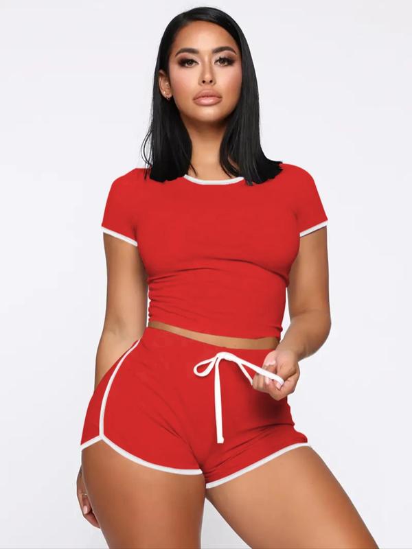 Two-Piece Set Women's Contrast Binding Crop Top & Drawstring Waist Shorts Two-piece Set, Comfort Round Neck Short Sleeve Top & Shorts, Summer Clothes Women, Summer Outfits 2024 Sets, Casual Summer Clothes for Lady Outdoor Daily Wear, Womenswear