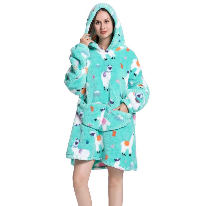 Cartoon Pattern Hooded Flannel Hoodie Blanket, 1 Count 320GSM Air-conditioned Room Long Sleeve Wearable Blanket with Pocket, Soft Warm Blanket for Home Office Bed Camping Travel