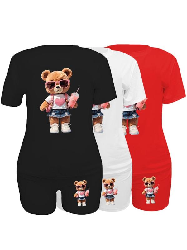 Women's 6 Counts Cartoon Bear Print Round Neck T-shirt & Skinny Shorts Set, Casual Short Sleeve Crew Neck Tee & Shorts for Daily Wear, Ladies Clothes for Fall, 2 Piece Sets Women