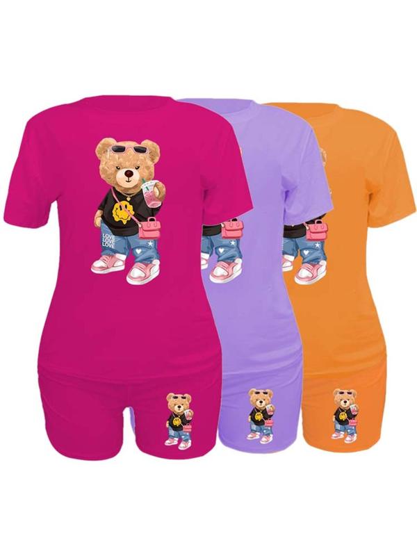 Women's 6 Counts Cartoon Bear Print Round Neck T-shirt & Skinny Shorts Set, Casual Short Sleeve Crew Neck Tee & Shorts for Daily Wear, Ladies Clothes for Fall, 2 Piece Sets Women