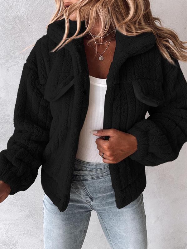 Women's Solid Button Front Flap Design Drop Shoulder Plush Coat, Casual Long Sleeve Collared Fuzzy Outerwear for Winter, Ladies Clothes for Daily Wear