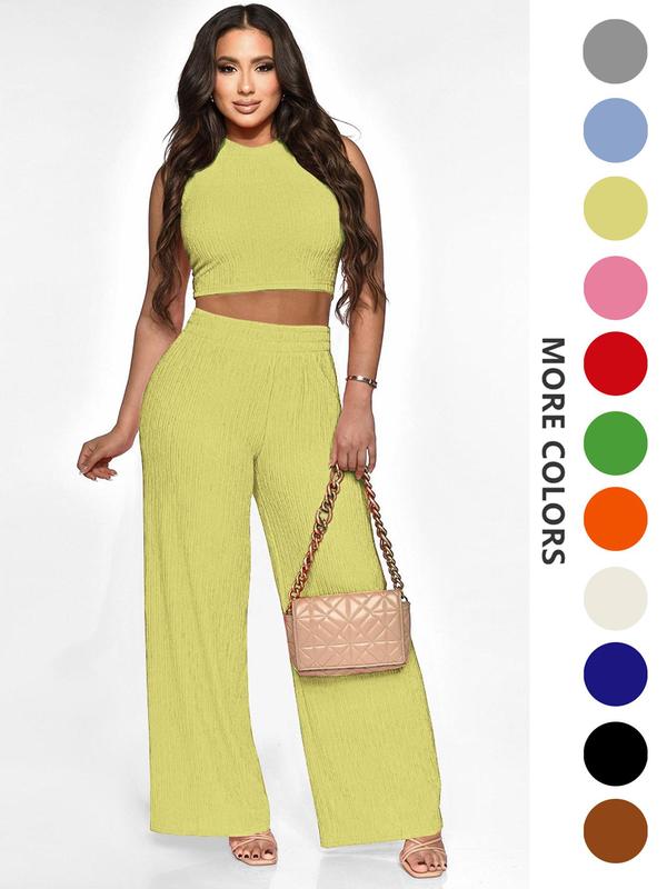 Two-Piece Set Women's Solid Textured Co-ord Set, Casual Round Neck Crop Tank Top & Wide Leg Pants Set, Ladies Summer Clothes for Daily Wear, Summer Outfits