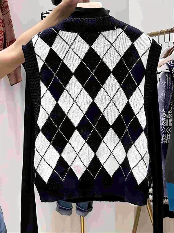 Women's Plaid Print V Neck Sweater Vest, Casual Preppy Style Sleeveless Knit Top for Daily Wear, Ladies Clothes for All Seasons