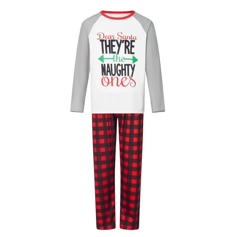 Matching Christmas Pajamas For Family Long Sleeve Arrow Letter Print Tops + Plaid Pants Set Sleepwear