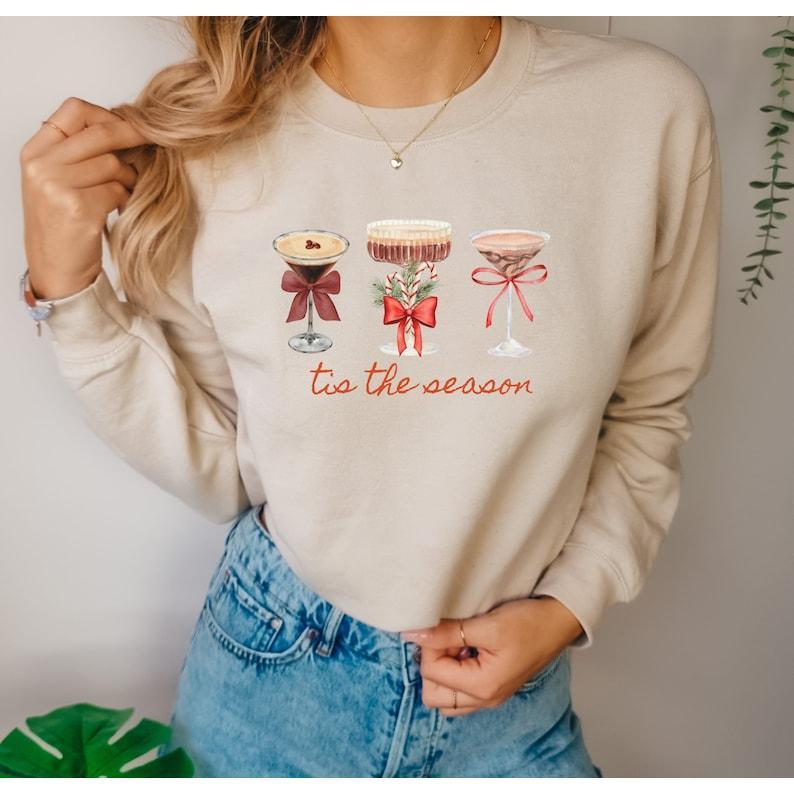 Espresso Martini Art Christmas Crewneck Sweatshirt, Espresso martini glass print, Christmas pullover sweatshirt for women, Christmas drink Q