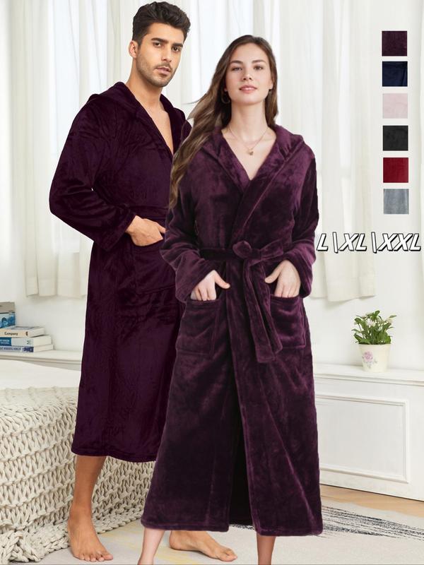 Couple's Solid Belted Hooded Flannel Robe, Casual Long Sleeve Pocket Design Bathrobe, Warm Comfy Couple Sleepwear for Fall & Winter