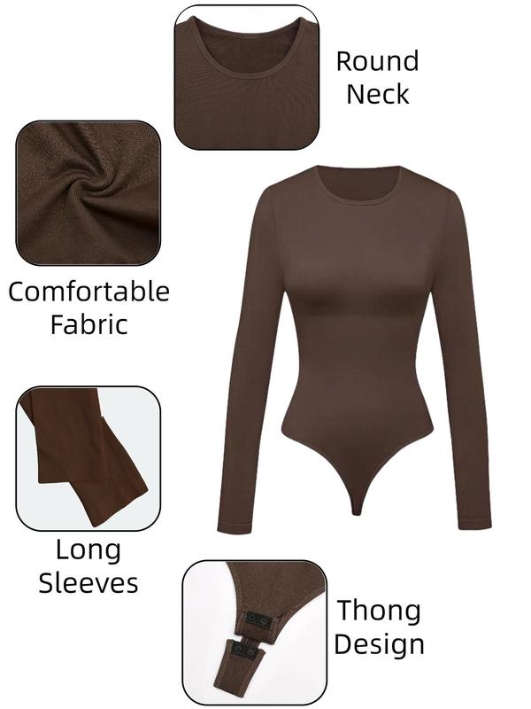 Women's Solid Round Neck Long Sleeve Shapewear Bodysuit, Casual Comfy Tummy Control Butt Lifting Shaper, Ladies Shapewear for All Seasons