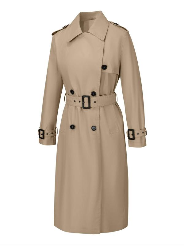 Women's Solid Double Button Belted Trench Coat, Casual Lapel Collar Long Sleeve Midi Coat for Fall & Winter, Women's Clothing for Daily Wear