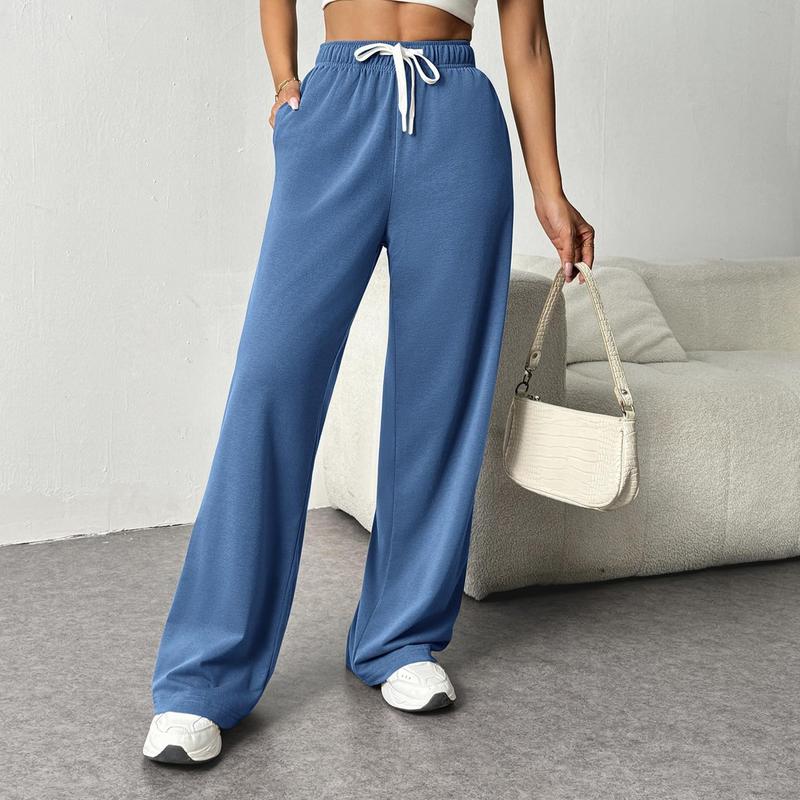 Women's Elastic High Waisted Drawstring Sweatpants Workout Trousers Straight Wide Leg Pants with Pockets