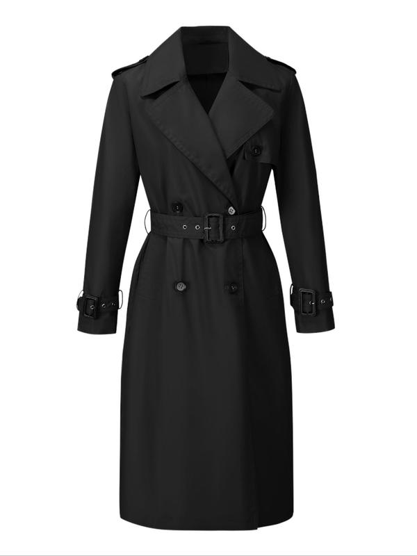 Women's Solid Double Button Belted Trench Coat, Casual Lapel Collar Long Sleeve Midi Coat for Fall & Winter, Women's Clothing for Daily Wear