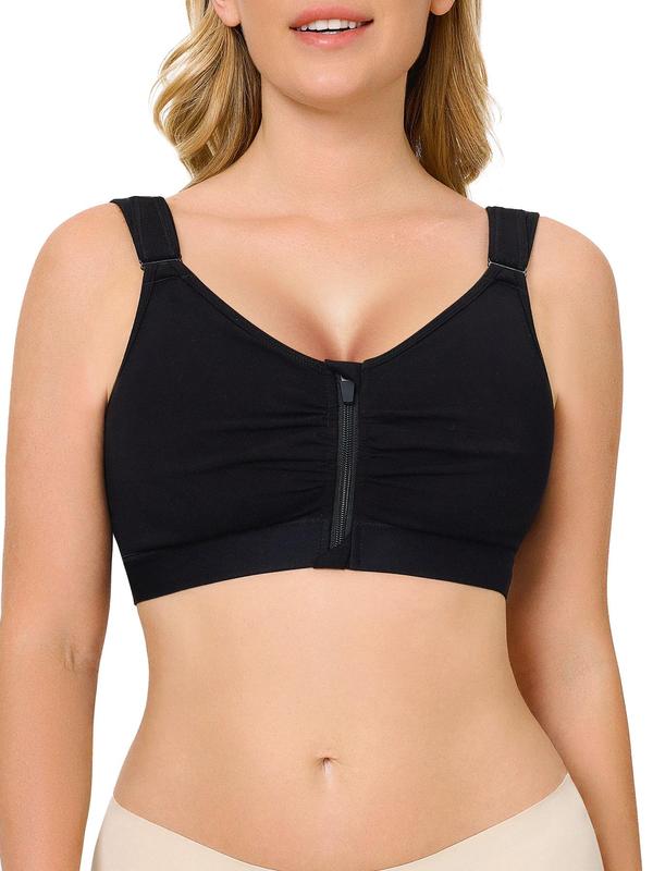 Women's Solid Ruched Zipper Front Wireless Bralette, Casual Comfortable Breathable Bra, Women's Lingerie for All Seasons