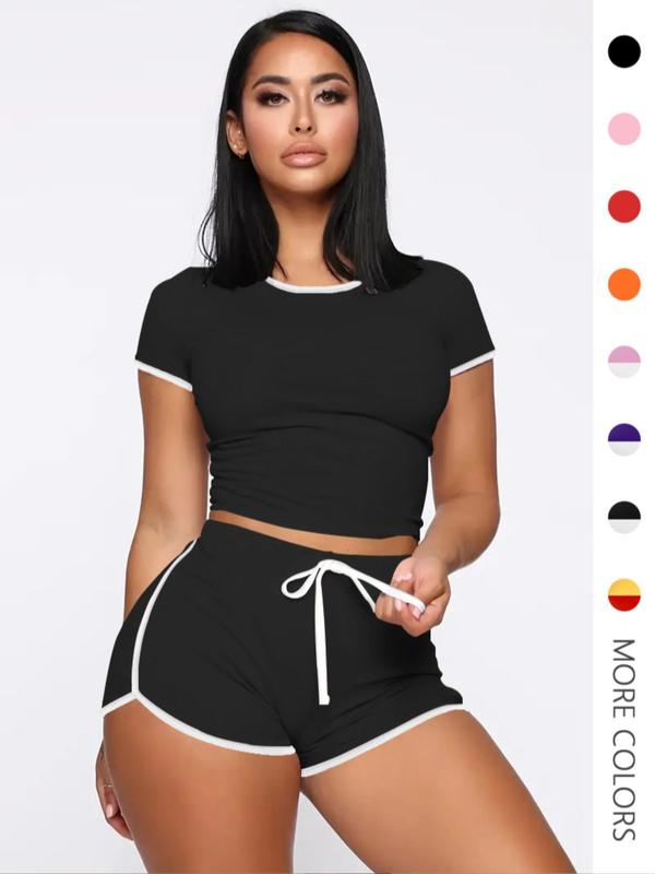 Two-Piece Set Women's Contrast Binding Crop Top & Drawstring Waist Shorts Two-piece Set, Comfort Round Neck Short Sleeve Top & Shorts, Summer Clothes Women, Summer Outfits 2024 Sets, Casual Summer Clothes for Lady Outdoor Daily Wear, Womenswear