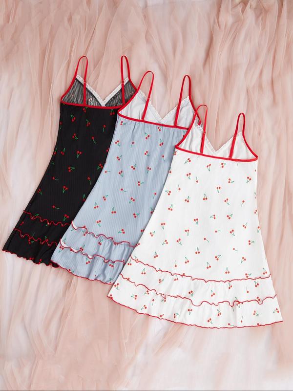 Women's Cherry Print Lettuce Trim Cami Nightdress, Cute Contrast Lace Ruffle Hem Contrast Binding Nightgown, Comfy Homewear for Women