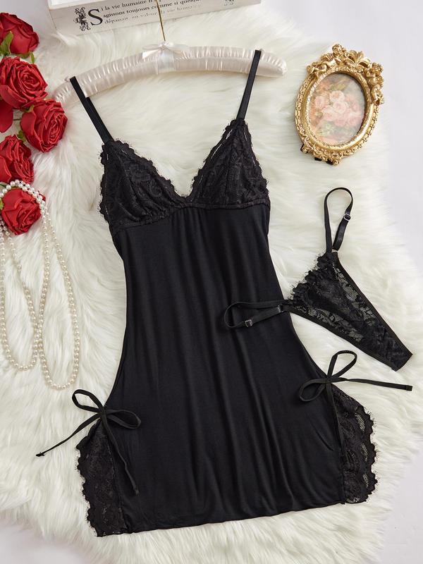 Women's Bow Decor Contrast Lace Cami Nightdress Sleep Dress & Thong Set, Adjustable Spaghetti Strap Nightgown and Panty Set for All Seasons, Fashion Ladies Sleepwear & Homewear, Summer Girly Night Clothes, Vacation Wear