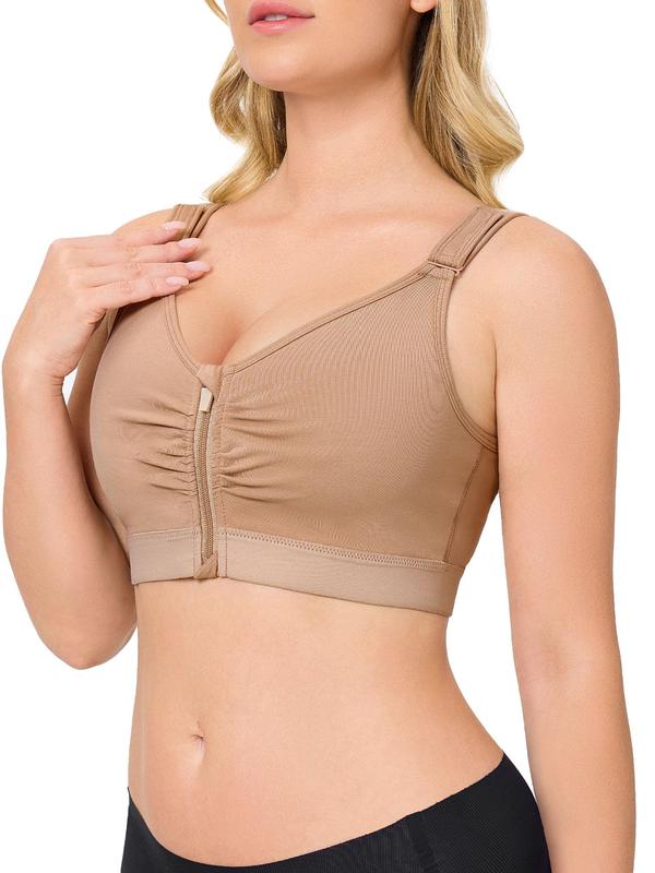 Women's Solid Ruched Zipper Front Wireless Bralette, Casual Comfortable Breathable Bra, Women's Lingerie for All Seasons