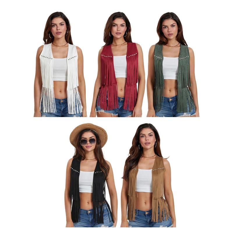 Women Hippie Waistcoat Vest Lightweight Solid Color Open Front Sleeveless Jacket with Tassel for Streetwear Outerwear Womenswear Cardigan