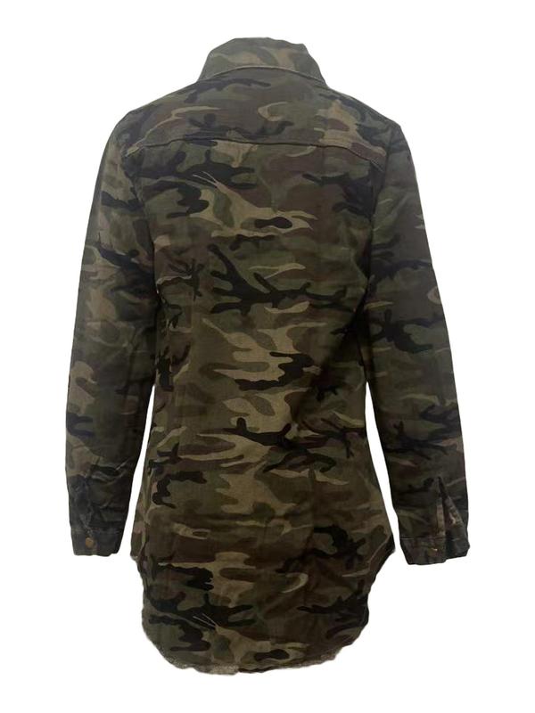 Women's Camo Print Ripped Button Front Shirt, Casual Long Sleeve Collared Top for Daily Wear, Ladies Clothes for All Seasons Black Girl Outfits Basic Tops